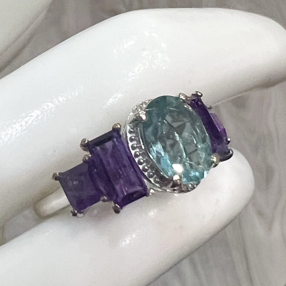 Teal Fluorite African Amethyst Sterling Silver Ring Sz 7 - Picture 7 of 11
